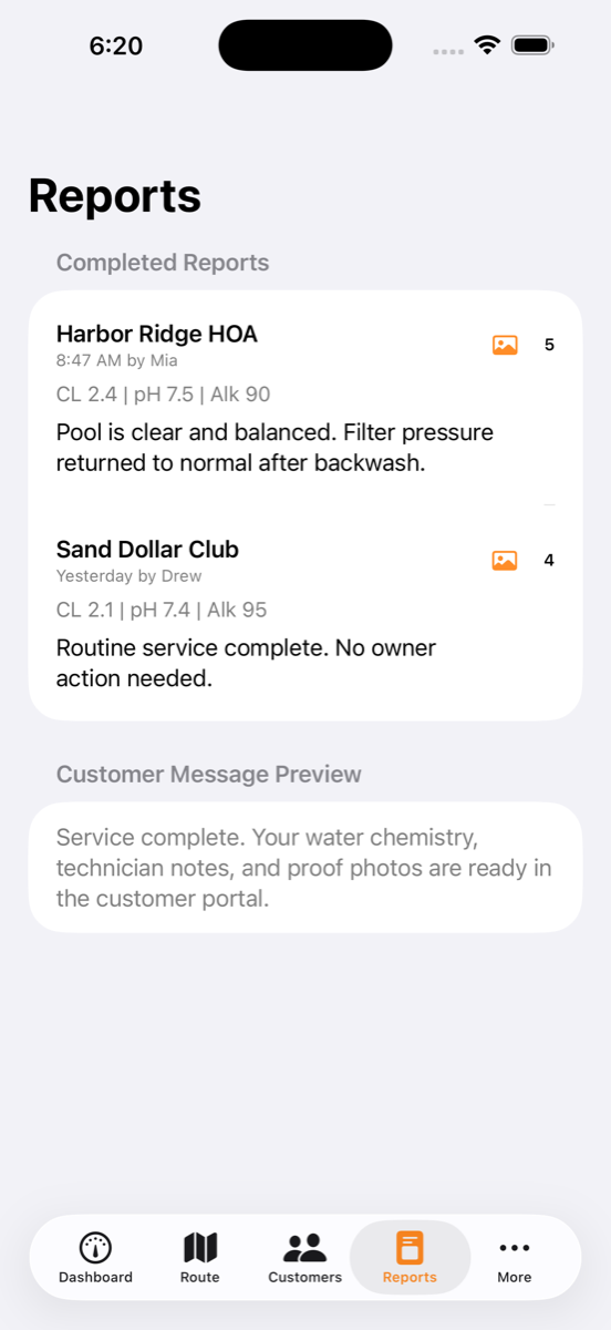 PoolPilot Pro service report and chemistry history